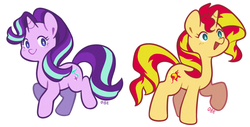 Size: 1024x521 | Tagged: safe, artist:nayobe, artist:obedaiya, starlight glimmer, sunset shimmer, pony, unicorn, g4, cute, duo, female, glimmerbetes, looking at you, mare, shimmerbetes, simple background, white background