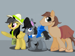 Size: 1024x768 | Tagged: safe, artist:sixes&sevens, derpibooru exclusive, daring do, doctor whooves, time turner, bat pony, earth pony, pegasus, pony, g4, bandana, bowtie, clothes, doctor who, hat, jamie mccrimmon, kilt, pith helmet, pointing, scarf, second doctor, stovepipe hat, the doctor, unshorn fetlocks, younger