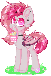 Size: 291x434 | Tagged: safe, artist:wolfs42, oc, oc only, oc:candy quartz, bat pony, pony, animated, basket, bat pony oc, blinking, cute, ear piercing, easter, easter egg, female, heart eyes, holiday, mouth hold, piercing, pixel art, simple background, transparent background, wing piercing, wingding eyes, ych result
