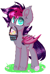 Size: 291x434 | Tagged: safe, artist:wolfs42, oc, oc only, oc:retro wave, bat pony, pony, animated, basket, bat pony oc, blinking, cute, ear piercing, easter, easter egg, heart eyes, holiday, male, mouth hold, piercing, pixel art, simple background, solo, transparent background, wingding eyes, ych result
