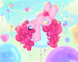 Size: 4000x3200 | Tagged: safe, artist:bunxl, pinkie pie, earth pony, pony, g4, balloon, belly, chubby, ethereal mane, female, floating, heart, heart eyes, mare, solo, starry eyes, starry mane, starry tail, tail, then watch her balloons lift her up to the sky, tongue out, wingding eyes