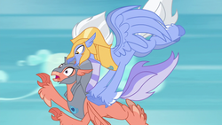 Size: 1280x720 | Tagged: safe, screencap, coral zephyr, sky beak, classical hippogriff, hippogriff, g4, surf and/or turf, armor, background hippogriff, chestplate, duo, feathered fetlocks, flying, helmet, male, open beak, surprised, tackle