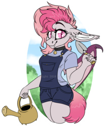 Size: 1450x1747 | Tagged: safe, artist:wolfs42, oc, oc only, oc:candy quartz, bat pony, anthro, anthro oc, bat pony oc, clothes, collar, cute, ear piercing, fangs, female, floppy ears, fluffy, gardening, mare, overalls, piercing, shirt, shorts, shovel, simple background, smiling, t-shirt, transparent background, watering can, wing piercing, ych result