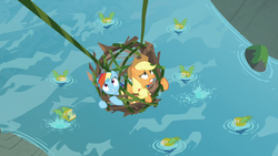 Size: 1280x720 | Tagged: safe, screencap, applejack, rainbow dash, biteacuda, fish, pony, g4, non-compete clause, branches, cage, dangling, fangs, female, looking up, mare, open mouth, school of fish, spread wings, vine, wings
