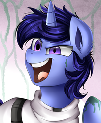 Size: 1446x1764 | Tagged: safe, artist:pridark, oc, oc only, pony, unicorn, commission, laughing, mad scientist, male, open mouth, slime, solo