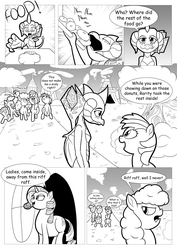 Size: 904x1280 | Tagged: safe, artist:ahobobo, princess ember, rainbow dash, rarity, oc, dragon, pegasus, pony, unicorn, comic:expanding relations, g4, belly, blood, bloodstone scepter, cellphone, chubby, comic, cross-popping veins, donut, dragoness, fanfic, fanfic art, fat, female, food, grayscale, heart eyes, monochrome, nosebleed, phone, raritubby, smartphone, this will end in weight gain, unamused, wingding eyes