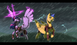 Size: 1024x602 | Tagged: safe, artist:joan-grace, flash sentry, twilight sparkle, alicorn, pegasus, pony, g4, alternate universe, clothes, female, flirting, grass, male, mare, rain, ship:flashlight, shipping, smiling, stallion, straight, twilight sparkle (alicorn)