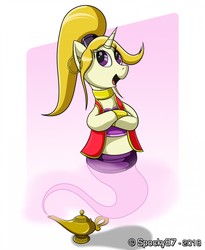 Size: 1049x1280 | Tagged: safe, artist:spocky87, oc, oc only, oc:sabrina, genie, genie pony, pony, unicorn, armband, collar, crossed hooves, ear piercing, earring, female, jewelry, lamp, mare, piercing, ponytail, shantae, solo, waistband