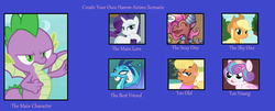 Size: 1024x415 | Tagged: safe, applejack, mina, ms. harshwhinny, princess ember, princess flurry heart, rarity, spike, alicorn, dragon, earth pony, pony, unicorn, g4, molt down, claws, create your own harem, dragon wings, dragoness, eyes closed, fangs, female, flurryspike, harem, horn, horns, light skin, male, mare, meme, one eye closed, open mouth, orange skin, pink skin, purple skin, ship:applespike, ship:emberspike, ship:sparity, ship:spikewhinny, shipping, smiling, spike gets all the mares, spina, spread wings, straight, text, winged spike, wings