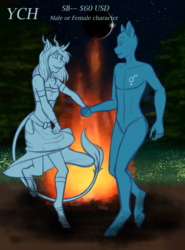 Size: 1024x1384 | Tagged: safe, artist:blackblood-queen, oc, oc:annie belle, dracony, hybrid, anthro, unguligrade anthro, anthro oc, auction, breasts, campfire, clothes, cloven hooves, commission, dress, female, fire, leonine tail, looking at each other, mare, night, small breasts, smiling, stars, your character here