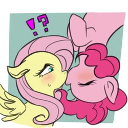 Size: 1000x1000 | Tagged: safe, artist:raika0306, fluttershy, pinkie pie, earth pony, pegasus, pony, g4, blushing, duo, exclamation point, female, interrobang, kiss on the lips, kissing, lesbian, mare, question mark, ship:flutterpie, shipping, surprise kiss, upside down, upside down kiss