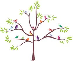 Size: 2143x1791 | Tagged: safe, artist:freetoys, constance, bird, blue jay, songbird, friendship is magic, g4, animal, chickadee (bird), flock, purple martin, simple background, sitting in a tree, transparent background, tree, vector
