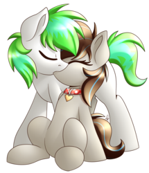 Size: 2295x2663 | Tagged: safe, artist:shinodage, oc, oc:bing, oc:breezy, earth pony, pony, bingzy, collar, duo, high res, kiss on the lips, kissing, simple background, transparent background