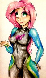 Size: 1901x3179 | Tagged: safe, artist:nolyanimeid, fluttershy, equestria girls, equestria girls series, forgotten friendship, g4, clothes, female, fluttershy's wetsuit, solo, swimsuit, traditional art, wetsuit