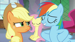 Size: 1280x720 | Tagged: safe, screencap, applejack, fluttershy, rainbow dash, earth pony, pegasus, pony, g4, non-compete clause, advice, animated, cute, female, flying, looking at you, school of friendship, shocked, shyabetes, sitting, smiling, sound, turned head, webm