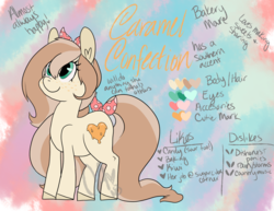Size: 1467x1132 | Tagged: safe, artist:cherrelann, oc, oc only, oc:caramel confection, pony, bow, female, mare, obtrusive watermark, reference sheet, smiling, solo, tail bow, watermark