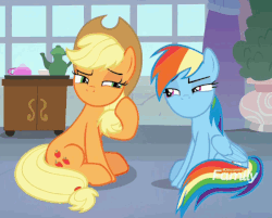 Size: 561x451 | Tagged: safe, edit, edited screencap, screencap, applejack, rainbow dash, earth pony, pegasus, pony, non-compete clause, animated, cowboy hat, cropped, duo, faic, female, gif, happy, hat, i have no mouth and i must scream, laughing, laughingmares.jpg, loop, mare, no mouth, wat