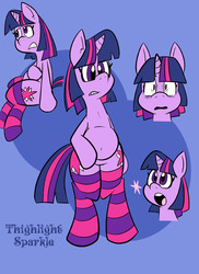 Size: 576x792 | Tagged: safe, artist:pembroke, twilight sparkle, pony, unicorn, g4, belly button, chubby, clothes, female, mare, socks, solo, striped socks, thigh highs, thighlight sparkle, thunder thighs