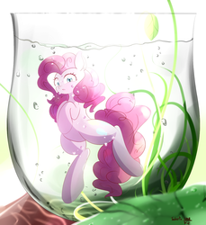 Size: 1100x1200 | Tagged: dead source, safe, artist:tohupo, pinkie pie, earth pony, pony, g4, cup, cup of pony, female, looking at you, mare, micro, solo, underwater