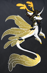 Size: 1914x3000 | Tagged: safe, artist:australian-senior, oc, oc only, oc:niomedes invictus, alicorn, dracony, hybrid, kirin, merpony, pony, seapony (g4), kirindos, alternate universe, antlers, colored hooves, colored sclera, curved horn, female, glados, golden eyes, gray background, hair bun, horn, mare, portal (valve), seaponified, simple background, solo, species swap