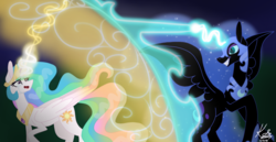 Size: 2900x1500 | Tagged: safe, artist:bubowl, nightmare moon, princess celestia, alicorn, pony, g4, magic, shield