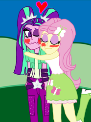 Size: 2000x2691 | Tagged: safe, artist:bigpurplemuppet99, aria blaze, fluttershy, human, pony, equestria girls, g4, blushing, embarrassed, female, high res, hug, lesbian, ship:ariashy, shipping