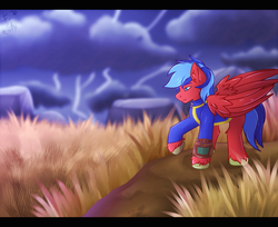 Size: 2700x2205 | Tagged: safe, artist:fkk, oc, oc only, oc:swiftsketch, pegasus, pony, colored sketch, commission, fallout, game, high res, male, pipboy, solo, stallion, thunder, walking, ych result