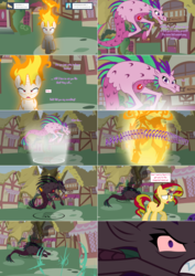 Size: 2564x3616 | Tagged: safe, artist:hakunohamikage, aria blaze, sunset shimmer, oc, oc:nyx, alicorn, pony, siren, ask-princesssparkle, g4, angry, ask, burnt, fiery shimmer, fire, gritted teeth, high res, mane of fire, rapidash shimmer, running, smoke, tumblr
