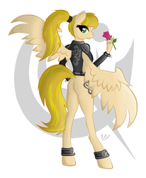 Size: 2169x2635 | Tagged: safe, artist:virenth, oc, oc only, oc:crazy ditty, pegasus, anthro, unguligrade anthro, ass, bottomless, butt, clothes, female, flower, high res, jacket, leather jacket, partial nudity, pinup, plot, rose, solo