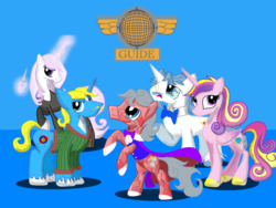 Size: 1024x768 | Tagged: safe, artist:sixes&sevens, derpibooru exclusive, doctor whooves, fancypants, fleur-de-lis, princess cadance, time turner, oc, oc:captain drawbridge steward, alicorn, crystal pony, pony, unicorn, g4, alternate hairstyle, bowtie, cape, clothes, dagger, doctor who, glasses, sweater, the doctor, third doctor, weapon