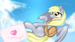 Size: 2560x1440 | Tagged: safe, artist:saralien, derpy hooves, pegasus, pony, bag, blushing, cloud, crepuscular rays, ear fluff, eye clipping through hair, female, flying, heart, letter, mail, mailbag, mailmare, mare, open mouth, sky, smiling, solo, spread wings, upside down, wings