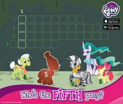 Size: 940x788 | Tagged: safe, gameloft, apple bloom, granny smith, meadowbrook, mistmane, zecora, earth pony, pony, unicorn, zebra, g4, official, adorabloom, advertisement, cute, female, filly, implied mage meadowbrook, mare, my little pony logo, silhouette, zecorable
