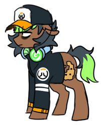 Size: 408x493 | Tagged: safe, artist:redxbacon, oc, oc only, oc:pixel bite, earth pony, pony, bags under eyes, baseball cap, cap, clothes, fan, hat, headphones, jacket, overwatch, solo