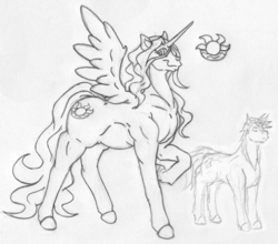 Size: 2073x1827 | Tagged: safe, artist:siegfriednox, oc, oc only, oc:summer sunshine, alicorn, pony, alicorn oc, chubby, female, hoers, mare, size difference, traditional art