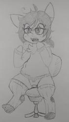 Size: 358x637 | Tagged: safe, artist:shpace, oc, oc only, oc:floor bored, pony, braces, chair, chest fluff, clothes, glasses, hoodie, messy mane, sitting, socks, solo, traditional art