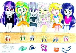 Size: 2430x1700 | Tagged: safe, artist:liaaqila, inky rose, lily lace, moonlight raven, sunshine smiles, oc, oc:citrus squeeze, oc:midnight dew (ice1517), icey-verse, equestria girls, g4, barefoot, clothes, commission, cute, dress, equestria girls-ified, eyes closed, feather, feet, female, fetish, flats, foot fetish, high heels, lesbian, magical lesbian spawn, mother and daughter, next generation, offspring, open mouth, parent:inky rose, parent:lily lace, parent:moonlight raven, parent:sunshine smiles, parents:inkyraven, parents:sunlace, sandals, ship:inkyraven, shoes, shorts, simple background, sisters, skirt, socks, spiked wristband, stockings, stocks, sunlace, thigh highs, tickle torture, tickling, traditional art, white background, wristband