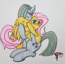 Size: 2911x2876 | Tagged: safe, artist:andras, fluttershy, marble pie, earth pony, pegasus, pony, cute, female, hair over one eye, hiding, hooves, hug, lesbian, marbleshy, mare, peeking, shipping, smiling, traditional art, wings