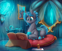 Size: 2452x2040 | Tagged: safe, artist:alcor, oc, oc only, oc:queen polistae, changeling, changeling queen, blue changeling, book, bust, changeling queen oc, commission, cup, curved horn, cuteling, digital art, female, high res, horn, ponyloaf, portrait, reading, solo, window