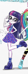Size: 280x727 | Tagged: safe, artist:ritalux, rainbow dash, sci-twi, twilight sparkle, equestria girls, equestria girls series, g4, official, bowtie, bracelet, clothes, cropped, female, gem, glasses, hand on hip, high heels, jewelry, looking at you, raised leg, shoes, skirt, smiling, socks, stars, wristband