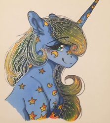 Size: 1144x1280 | Tagged: safe, artist:nightmare-moons-throneroom, princess luna, pony, g4, alternate color palette, beauty mark, blushing, cute, ear fluff, ethereal mane, female, looking at you, looking sideways, lunabetes, mare, nightmare-moons-throneroom is trying to murder us, rainbow power, rainbow power-ified, simple background, smiling, solo, starry mane, white background