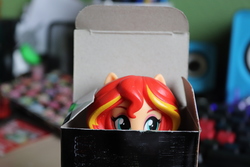 Size: 6000x4000 | Tagged: safe, artist:artofmagicpoland, sunset shimmer, equestria girls, g4, cute, doll, equestria girls minis, eye, eyes, female, hiding, irl, looking at you, photo, ponies in box, shimmerbetes, solo, toy