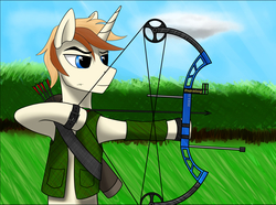 Size: 3711x2755 | Tagged: safe, artist:dash wang, oc, oc only, oc:cream brun, pony, unicorn, arrow, bipedal, bow (weapon), bow and arrow, clothes, compound bow, high res, male, quiver, solo, stallion, weapon