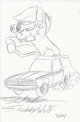 Size: 782x1183 | Tagged: safe, artist:sketchywolf-13, oc, oc only, oc:vanilla daze, pony, black and white, burnout, car, convention:eqla, customized vehicle, grayscale, mercury cougar, monochrome, rat fink, scan, sharp teeth, solo, teeth, traditional art