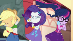 Size: 1280x720 | Tagged: safe, screencap, applejack, rarity, sci-twi, twilight sparkle, equestria girls, equestria girls specials, g4, my little pony equestria girls: movie magic, animated, apple, belt, bracelet, clothes, cowboy hat, denim skirt, eyes closed, female, food, freckles, geode of telekinesis, gif, glasses, gritted teeth, hat, jewelry, magical geodes, ponytail, skirt, skirt lift, stetson, teenager, trio, trio female