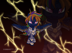 Size: 1029x759 | Tagged: dead source, safe, artist:arcadianphoenix, part of a set, oc, oc only, oc:lightning flicker, alicorn, pony, alicorn oc, armor, blade, female, mare, pathfinder, smol, solo, warpriest, weapon, wingblade, zoom layer