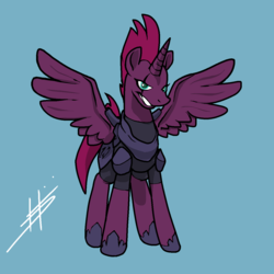 Size: 1280x1280 | Tagged: safe, artist:hotkoin, tempest shadow, alicorn, pony, g4, alicornified, blue background, evil smile, eye scar, female, grin, horn, mare, race swap, scar, signature, simple background, smiling, solo, spread wings, tempest gets her horn back, tempest gets her wings back, tempest now has a true horn, tempesticorn, wings