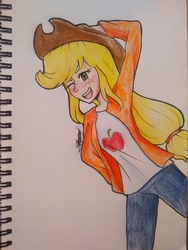 Size: 1944x2592 | Tagged: safe, artist:rmariansj, applejack, human, g4, clothes, female, freckles, humanized, jacket, jeans, one eye closed, pants, solo, traditional art, wink