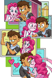 Size: 570x851 | Tagged: safe, artist:art-2u, pinkie pie, oc, oc:copper plume, comic:the copperpie chronicles, equestria girls, g4, my little pony equestria girls: better together, canon x oc, carnival, clothes, comic, commissioner:imperfectxiii, copperpie, cute, faic, female, freckles, geode of sugar bombs, glasses, heart, kissing, magical geodes, male, neckerchief, peace sign, photo booth, shirt, silly, skirt, smiling, straight, surprise kiss