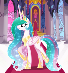 Size: 1118x1200 | Tagged: safe, artist:sugaryicecreammlp, princess celestia, alicorn, pony, g4, beautiful, canterlot castle, canterlot throne room, carpet, concave belly, female, raised hoof, slender, smiling, solo, sparkles, stained glass, thin, throne, throne room