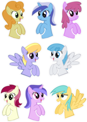 Size: 2413x3370 | Tagged: safe, artist:oceanbreezebrony, berry punch, berryshine, carrot top, cloud kicker, golden harvest, lightning bolt, minuette, roseluck, sea swirl, seafoam, sunshower raindrops, white lightning, earth pony, pony, g4, high res, show accurate, simple background, sticker, transparent background